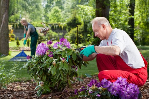 Gardening team wearing PPE while maintaining a garden